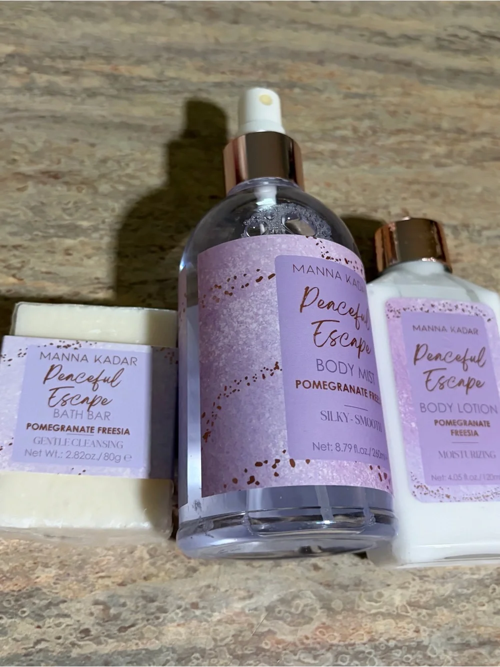 Manna Kadar Peaceful Escape Retired Pomegranate Freesia Lotion, Mist & Bar Soap